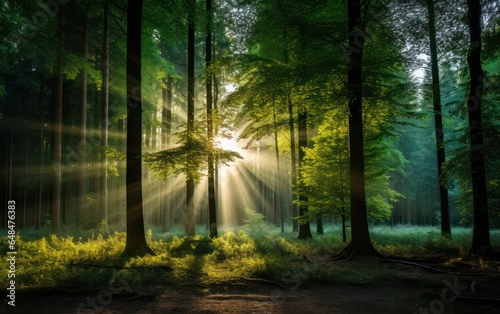 Beautiful rays of sunlight in a green forest © sitifatimah