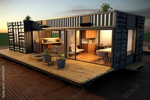 Shipping container house. Compact, affordable living. Generative AI photo