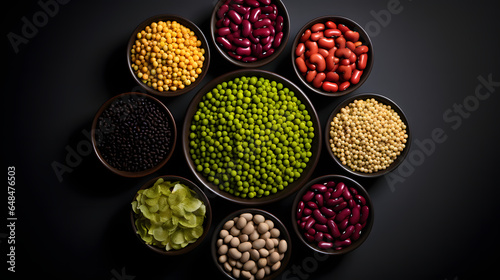 Soybean, mung beans, black soybeans, red beans, peas in bowl, top view on gray