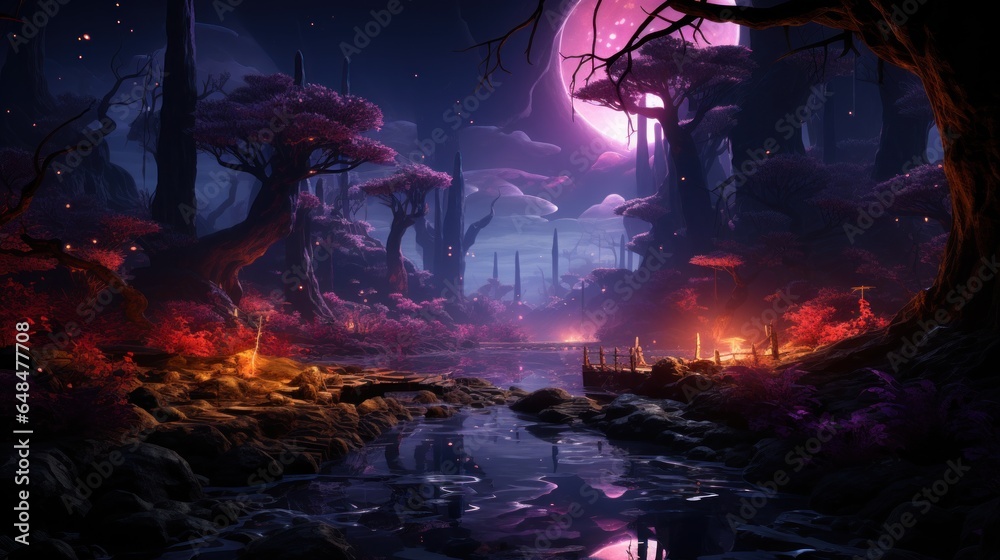 Moonlit forest ranger battles water elemental with powers.  - obrazy, fototapety, plakaty 