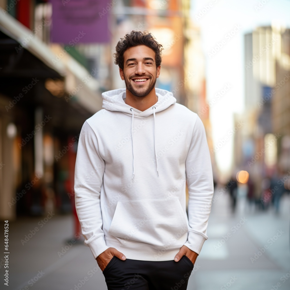 Fototapeta premium Illustration of a fashion portrait with plain hoodie mockup, AI Generated