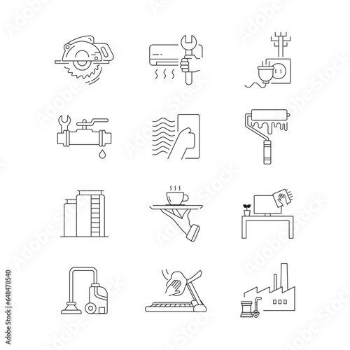 Set of line icons related to labor, construction, masonry, cleaning,  AC, plumbing, wall painting,  carpentry, office boy. Outline icons collection. Vector illustration.
