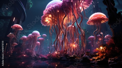 Neon jellyfish soar, alien robot mushrooms intrigue. 