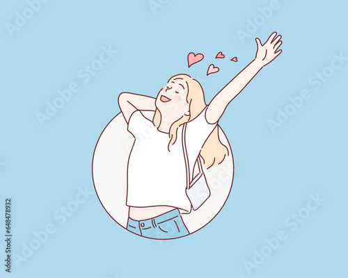  woman stretching arms is relaxing .Hand drawn style vector design illustrations.