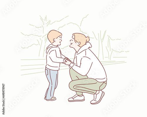 Happy mom and son play in the park in spring. Mother Talking to her son in the park. Hand drawn style vector design illustrations.