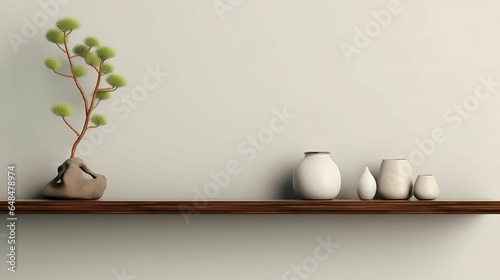 wooden shelves against the cream-colored walls with decorative plants in vases