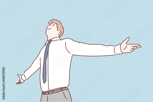 businessman standing outdoors with arms spread into the clear blue sky. Hand drawn style vector design illustrations.