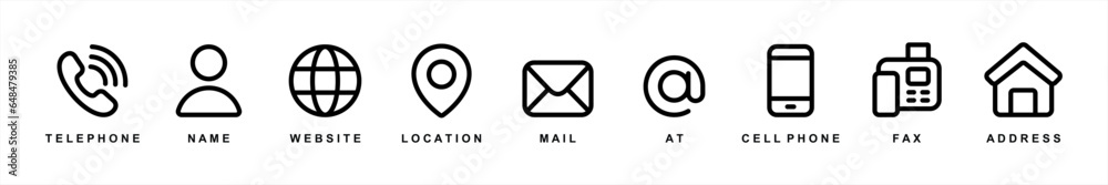 Business card icon set in line style. Contact information, Home, Phone, Location, Address, Website, mail, fax, user simple black style symbol sign for apps and website, vector illustration. - obrazy, fototapety, plakaty 
