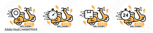 Express delivery icon set in line style. Scooter motorcycle with stop watch icon for service, order, fast, free, worldwide shipping simple style symbol sign for apps and website, vector illustration.