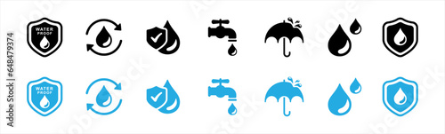 Waterproof icon set in flat style. Water and Dust, liquid proof protection, Shield with water drop, Water Proof, Water resistant, Water protection simple black style symbol sign for apps and website.