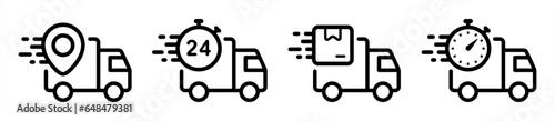 Delivery service icon set in line style. Logistic trucking, Express delivery trucks, Fast shipping truck, delivery 24 hours simple black style symbol sign for apps and website, vector illustration.