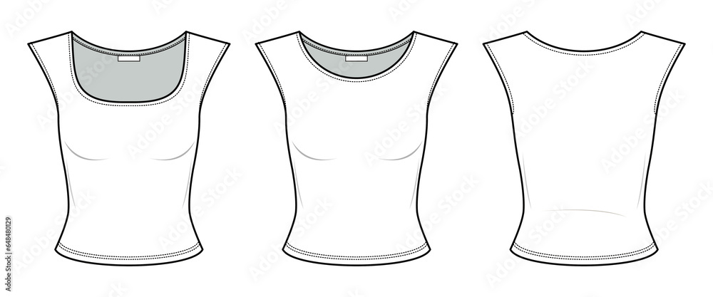 White slim fit T-shirt flat technical fashion illustration. Shortsleeve Fitted tee shirt fashion flat technical drawing template, front view, back view, white color, women, CAD mockup set. White slim fit T-shirt flat technical fashion illustration. Shortsleeve Fitted tee shirt fashion flat technical drawing template, front view, back view, white color, women, CAD mockup set.