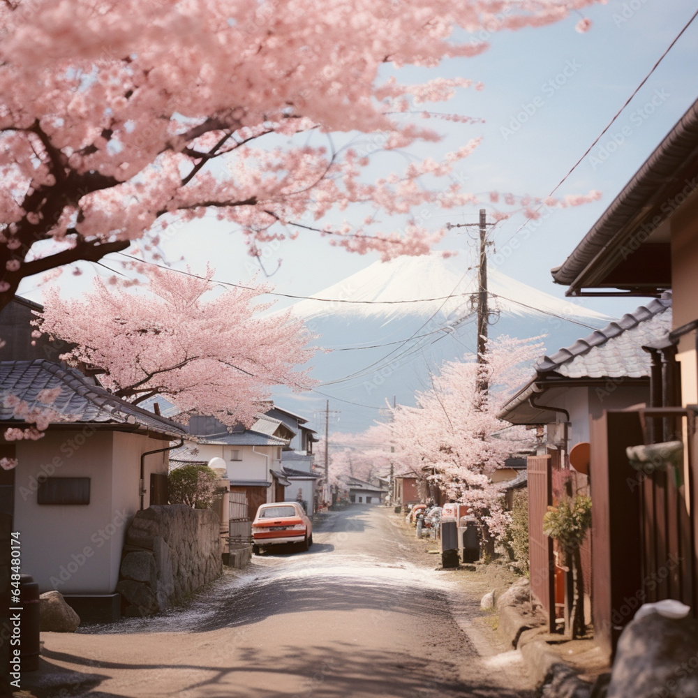 A picturesque rural village near Mount Fuji, blanketed in cherry blossoms.