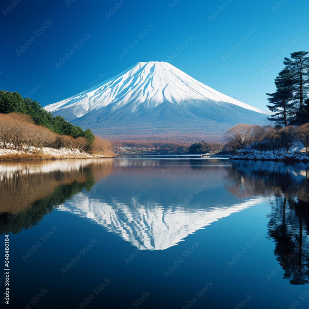 A serene lake reflecting the snow-capped peak of Mount Fuji under a clear blue sky.