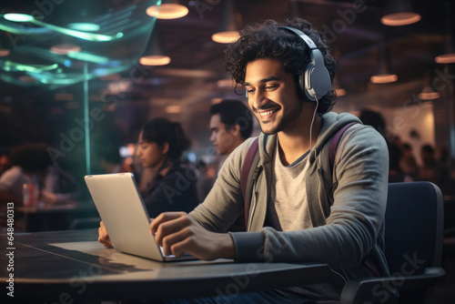 Young man using laptop and listening music in headphone photo