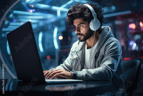 Young man using laptop and listening music in headphone photo