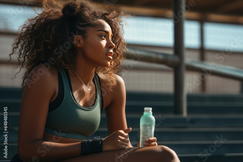 An African American female athlete rests at the stadium after a grueling workout. She sits on the steps with a bottle of water. photo