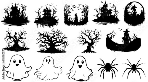 Halloween vectors. Halloween silhouette vectors. vector illustration of ghost, sheet ghost, spider, witch, witch house, haunted house, tree, haunted tree and witch magic. photo