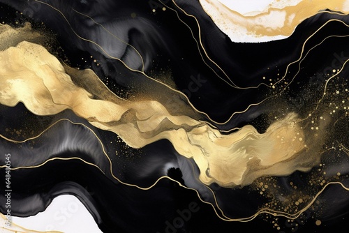 Unique contemporary watercolor texture featuring abstract black waves and gold splashes, ideal for cards, invitations, weddings, or menus. Generative AI
