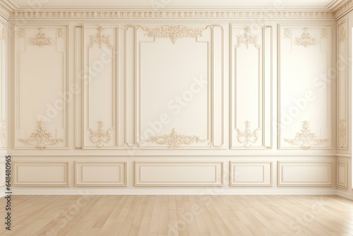 Modern beige-white interior with paneling and moldings. Bright and empty. 3D render mockup. Generative AI