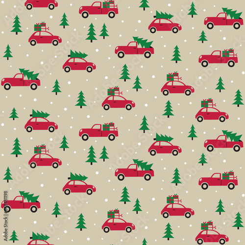 Seamless Christmas Pattern With Cars And Trees