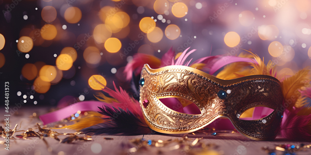  Venetian mask with abstract defocused bokeh lights and shiny streamers for carnival party masquerade disguise concept blurred bokeh background generative ai
