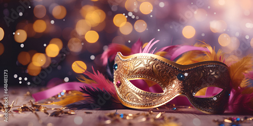  Venetian mask with abstract defocused bokeh lights and shiny streamers for carnival party masquerade disguise concept blurred bokeh background generative ai 