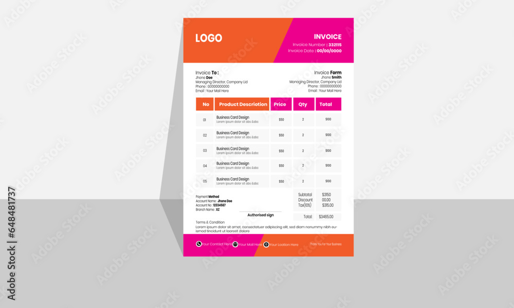 Creative minimalist Business Invoice template.
Creative minimalist Business Invoice template.