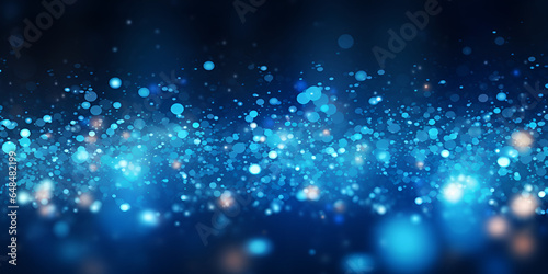 Christmas and new year template with white blurred snowflakes  glare and sparkles on blue background. 