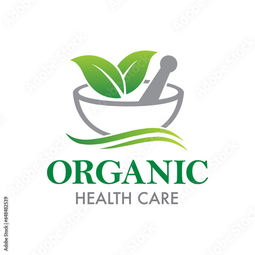 Natural organic eco green logo design vector template. Pill crusher, healthcare, medicine, pharmacy, spa vector concept logo icon.