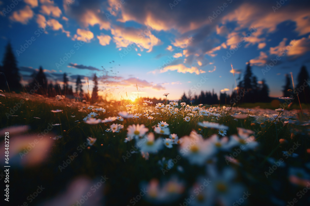 A wonderful field of daisies at sunrise
