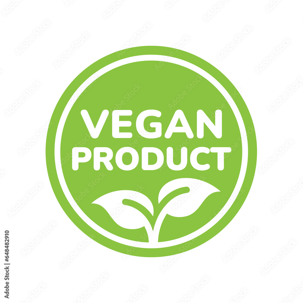 Vegan product vector label. Green emblem with leaves icon. Vegan product vector label. Green emblem with leaves icon.