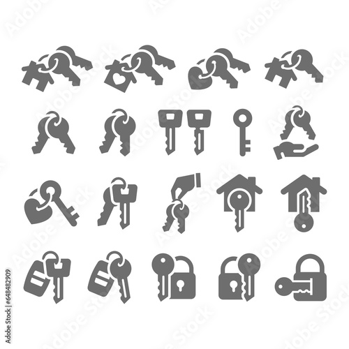 House and home keys vector icon set. Car keys, real estate and padlock icons.