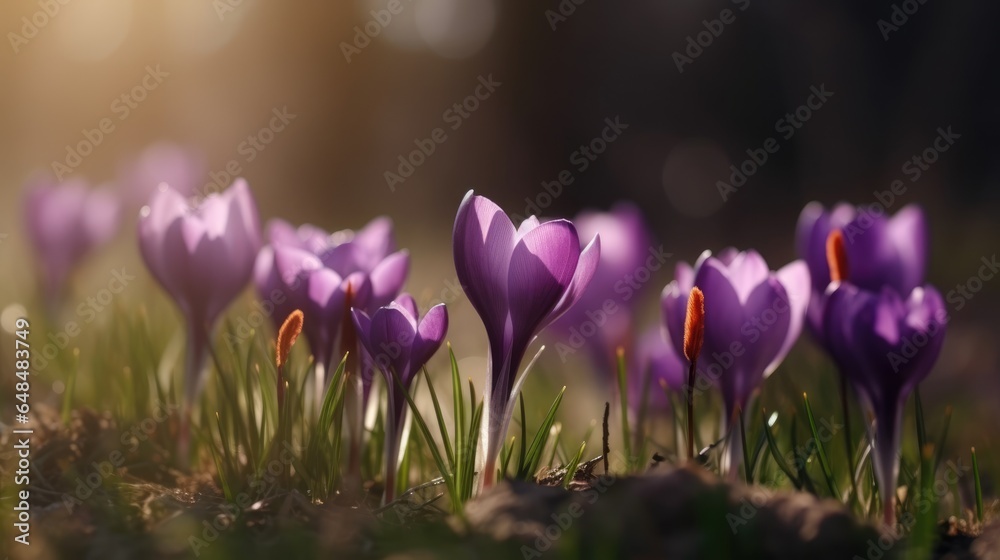 Purple spring crocus flowers growth in the snow Purple spring crocus flowers growth in the snow
