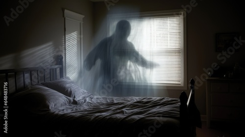 The shadow of a ghost figure on a bed in a dark bedroom, heading towards a bright window covered with blinds