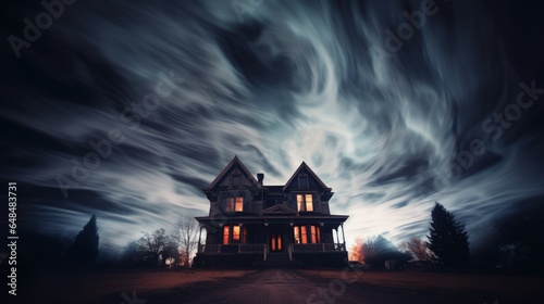 A spooky house under a stormy sky, setting the perfect Halloween mood