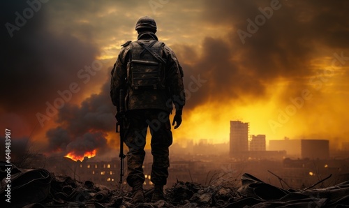 Obraz na płótnie A soldier silhouette, viewed from behind, stands against the backdrop of a burning city, reflecting the grim reality of urban warfare and devastation