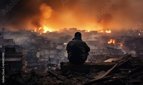 A burning city after an attack: destruction, fire, and smoke. Back view of a solitary man within the chaos, witnessing the horror, despair, and loss of war.