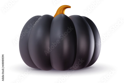 Realistic vector black pumpkin isolated on white background. Cute cartoon element in 3d glossy style. Funny plastic child toy or decoration. Modern mimimal illustration.