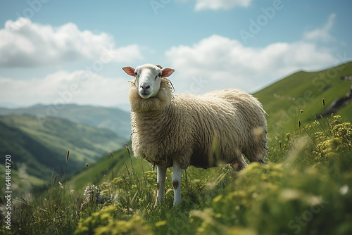 A sheep on a mountain pasture