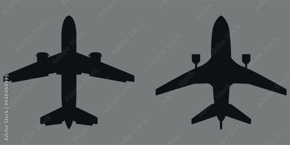 Fototapeta premium A set of airplane silhouettes. 2 pieces. Black silhouette. Vector on gray background.