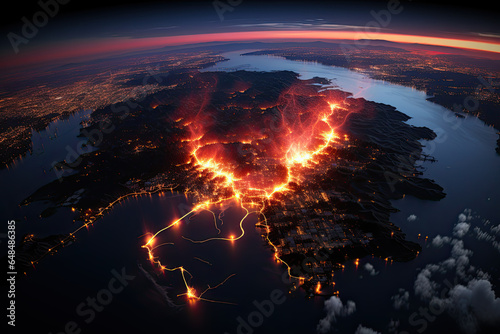 Aerial view of doomsday with shifting tectonic plates  fractures of the earth crust with a lava eruption in the city