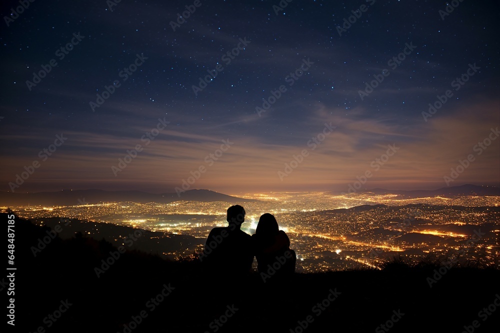 Rear view silhouettes capture a couple sitting on a hill's summit, gazing and pointing at a shooting star in the city-lit sky.
