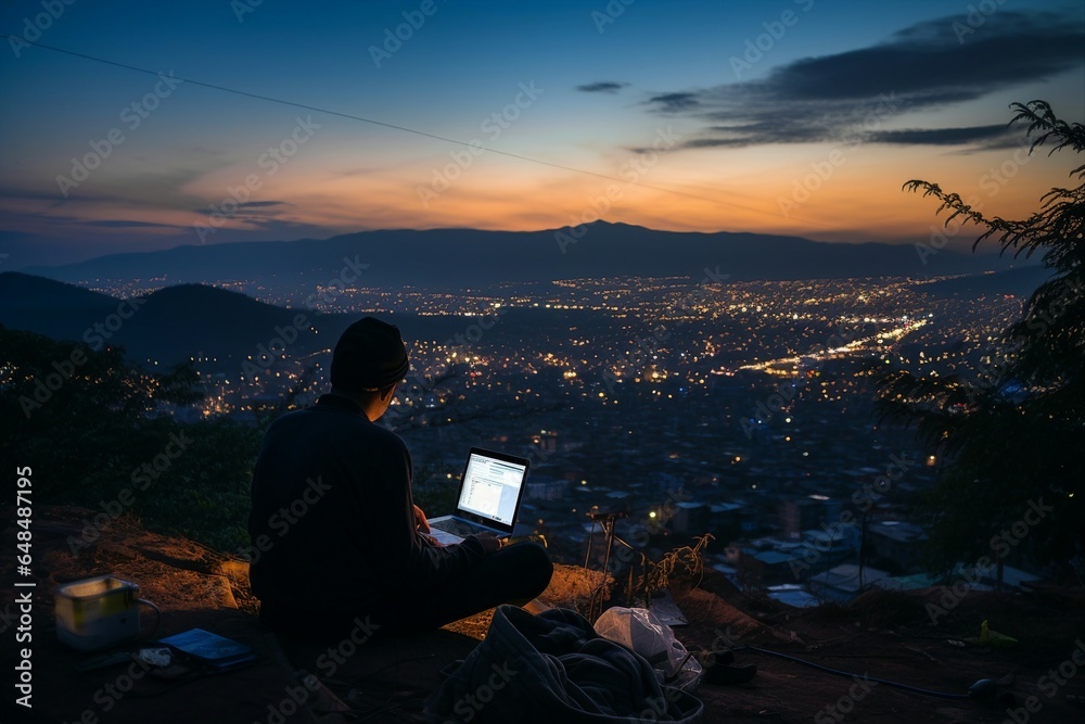 The silhouette of a digital nomad perched atop a hill, working with his laptop against the city backdrop at dusk, illustrates a remote work lifestyle.
