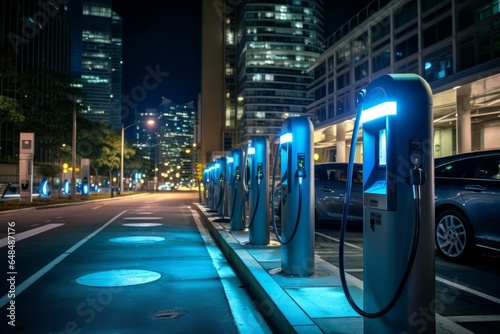 Future of electric vehicles charging. An up-close look at a modern charging station for electric vehicles. photo