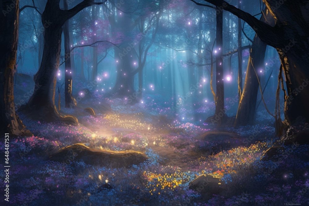 Calming magical woods with glowy flowers. Generative AI