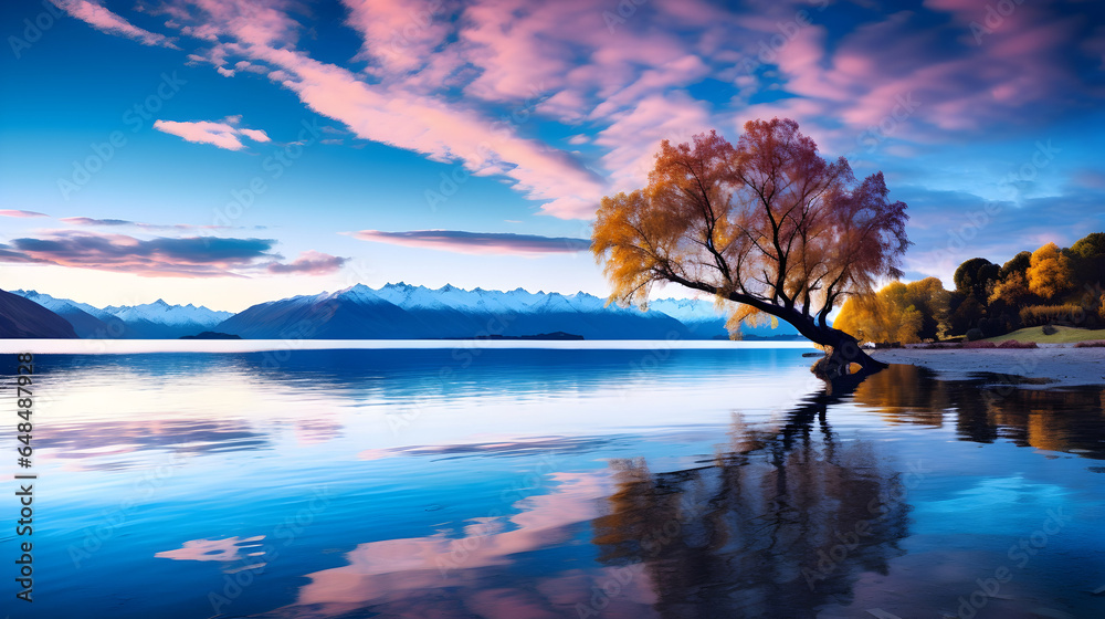 Captivating panorama of Lake Wanaka, nestled in the Southern Alps of New Zealand. 