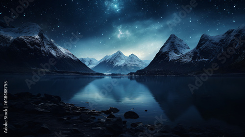 Mountains range with a lake in front of it at night © Tariq