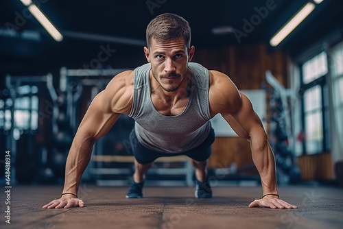 A man does push-ups from the floor in the gym.