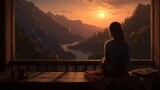 Picture from the back: woman sitting on wooden porch extending into a high mountain cliff, sunset, orange